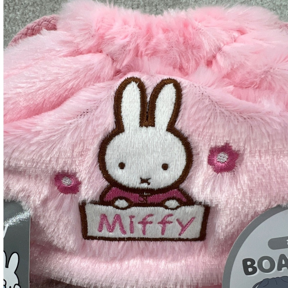 Miffy Boa Pouch Pink Faux Fur Plush Drawstring Bag Embroidered Inner Pockets NWT - Picture 2 of 11